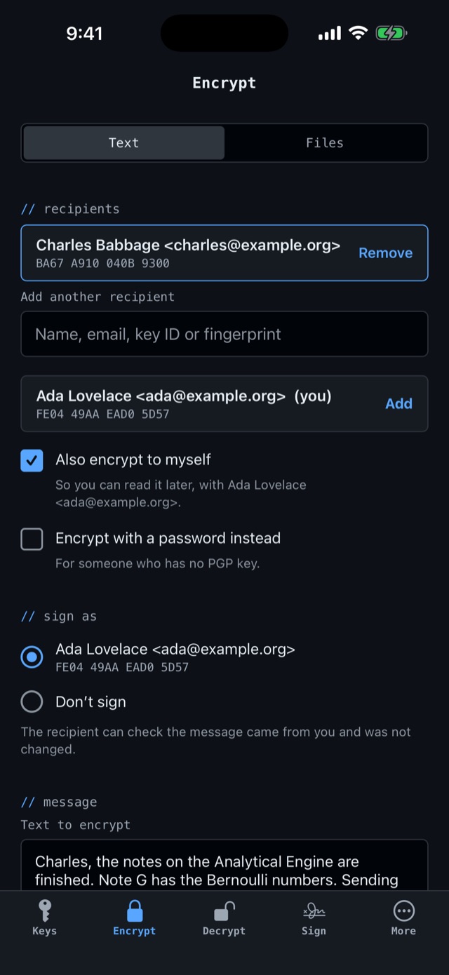 Encrypting a message to Charles Babbage, also to yourself, signed as Ada Lovelace.